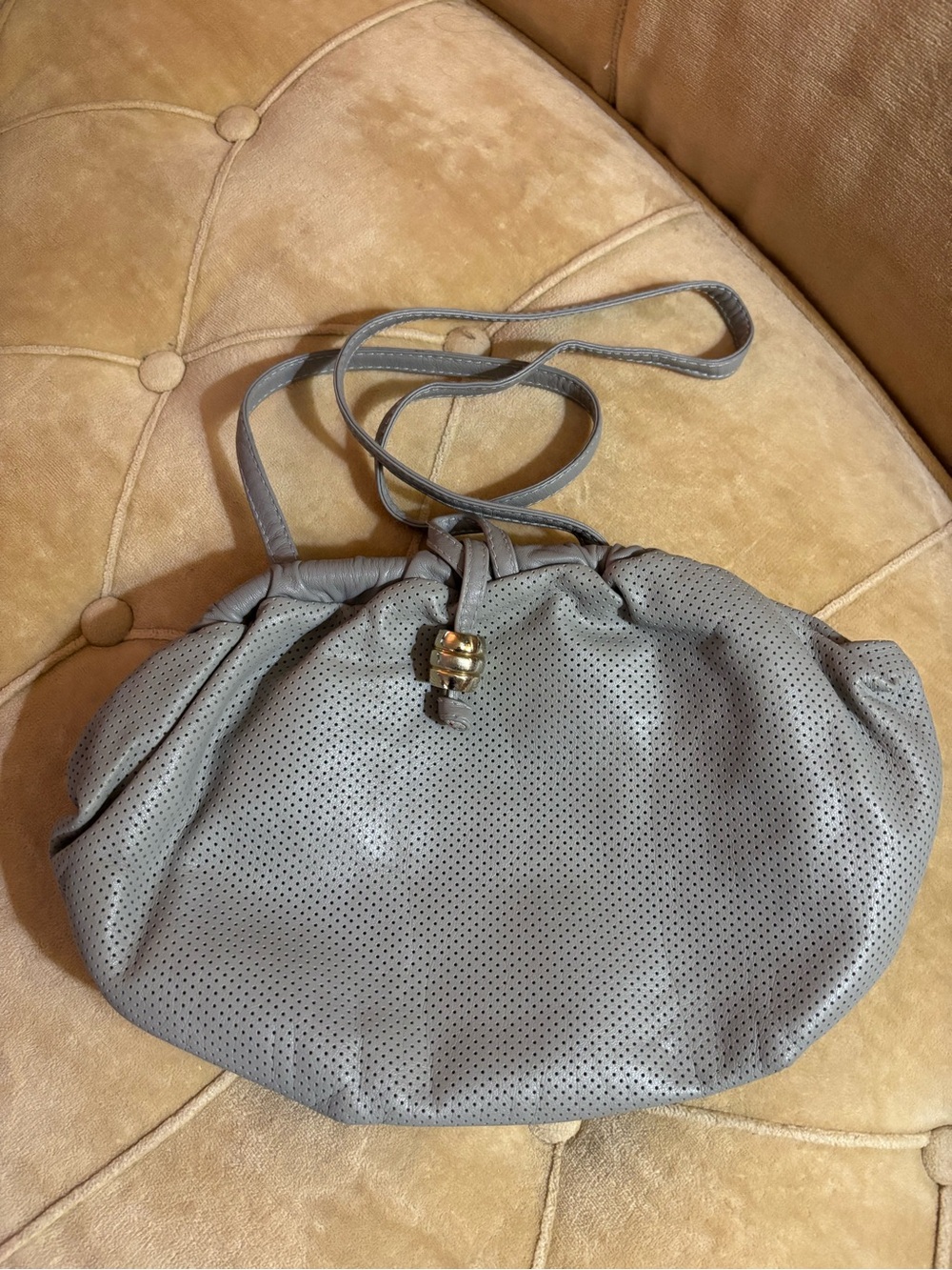 Vintage Gray Perforated Leather Shoulder Bag with Gold Accent